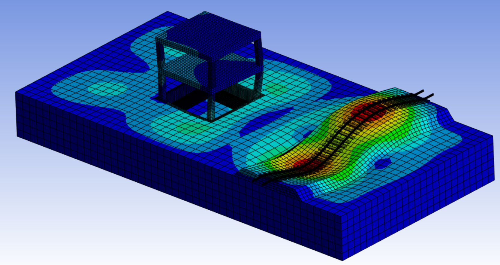 ANSYS deformed mode shape of the track–ground–building finite-element model.