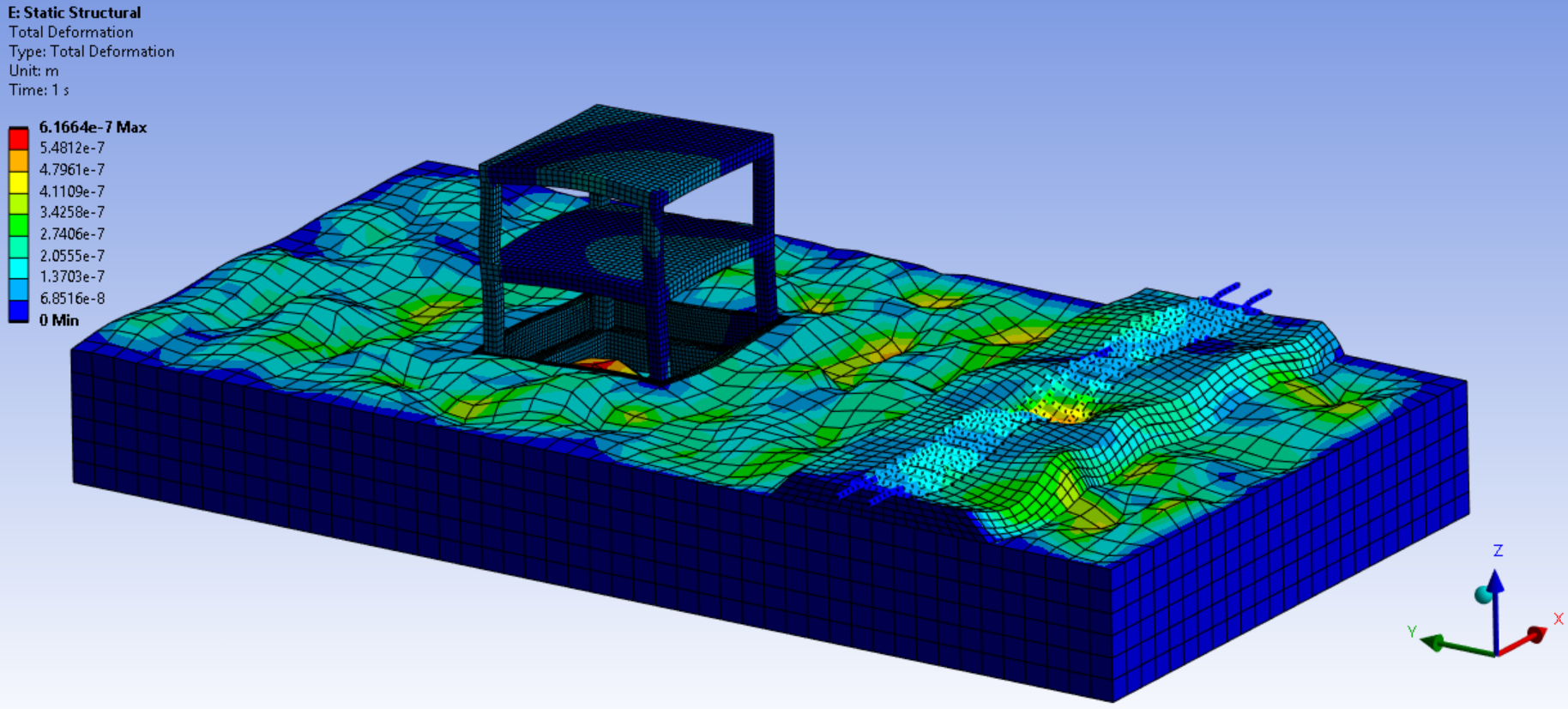 ANSYS total deformation result for the track–ground–building system at 0.4 seconds.